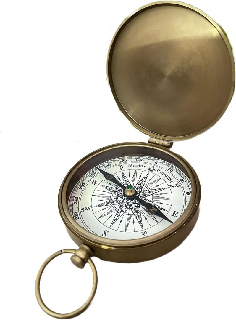 AWF Nautical Flat Brass Compass with Hook and Wooden Box – Handcrafted Decorative Compass for Marine Enthusiasts | Ideal Valentine’s, Graduation, or Confirmation Gift for Him | Great for Outdoor & Indoor Décor