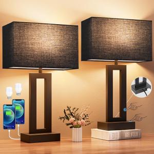 Seealle Nightstand Table Lamps for Bedrooms Set of 2 - Touch Bedside Lamp with USB C+A, 3 Way Dimmable Living Room End Tables 2, Modern Night Stand Bed Side Guest Room(Black) E. Black