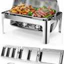 13QT Roll Top Chafing Dishes for Buffet: Catering Food Warmer for Parties, Wedding, Birthday, Christmas, 1 Full Size & 2 Half-Size & 3 1/3 size Chafing Server Dish, 1 Water Pan