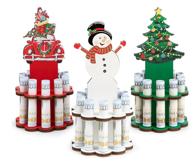 3 Pcs Christmas Money Holder, Wooden Money Holders, Christmas Ornament Money Holder with 10 Holes Cake for Table Decor Personalized Money Cash Gift Can be Written On The Back