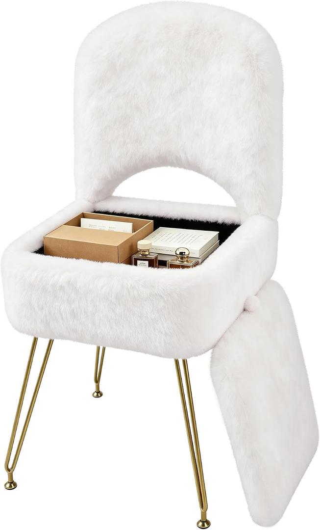 Vanity Stool Chair with Storage and Folding Back, 4 Metal Legs with Anti-Slip Feet, 15.8" x 15.8" x 33" Square Ottoman with Furry Padded Seat for Makeup, Bedroom, White