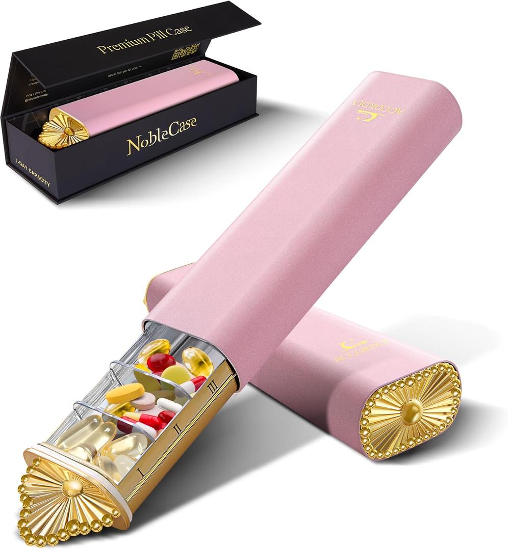 7 Day Metal Pill Organizer, Luxury Pill Compact, Travel Pill Case for Purse, Elegant Fancy Gold Pill Case for Vitamins, Medicine, Supplements, Luxury Wellness Gift - Pink (Rose Quartz (Pink))