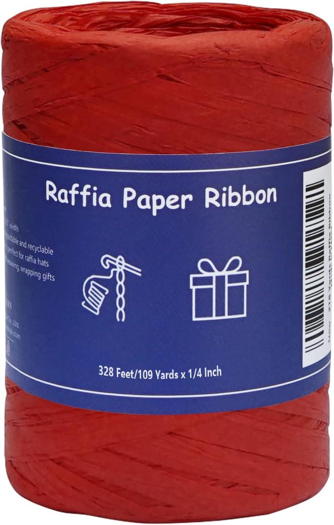 Raffia Ribbon for Gift Wrapping, Packing Paper Twine Ribbon, Craft Ribbon for Crochet - 1/4'' Wide, 109 Yards, Red (109 Yards, Red)