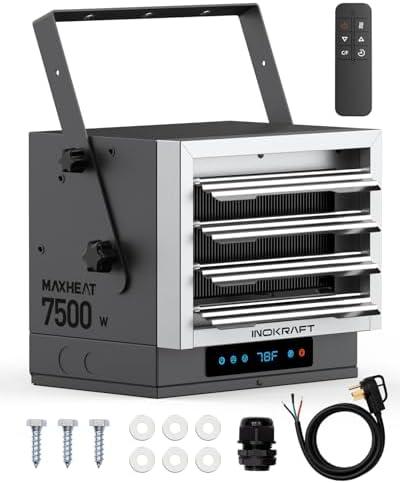 Amazon.com: InoKraft 7,500W Electric Garage Heater, Wire: 8 AWG, Plug: NEMA 14-50P, Remote, Ceiling Mount, Digital Thermostat, 240 Volt, 24-Hour Timer, Overheat Protection, ECO Mode, Ideal for Garage : Tools & Home Improvement