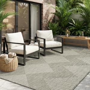 MontVoo-Outdoor Rug Carpet Patio Rug 5x7 ft Polypropylene Indoor Outdoor Rugs for Patio Deck Balcony Porch, Textured Weave, Durable for High Traffic, Fade-Resistant, Boho Geometric Silver Grey