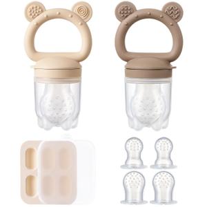 2 Pack Silicone Baby Fruit Feeder with Mini Freezer Tray, Breastmilk Popsicle Molds for Baby Teething Relief, Teethers, Fresh Food Feeder for Safe Infant Self Feeding, Extra Food Pouches - Chocolate (Brown)