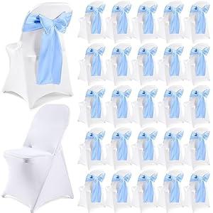 Lounsweer 50 Pcs Folding Chair Cover Set with 25 Stretch Spandex Chair Slipcovers 25 Satin Chair Sashes Bows Chair Ribbon Washable Banquet Chair Protector for Wedding Event(White, Sky Blue)