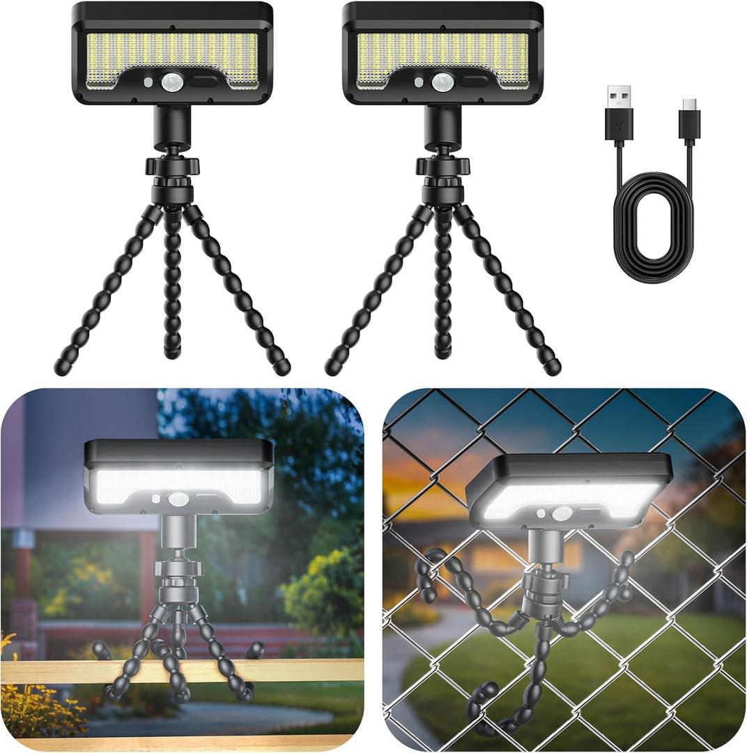 Tryme Solar Lights Outdoor with Motion Sensor, USB & Solar Powered, Adjustable Angle, 3 Modes, Octopus Stand, IP65 Waterproof Fence Lights for Garden, Gate (2 Pack) (Black)