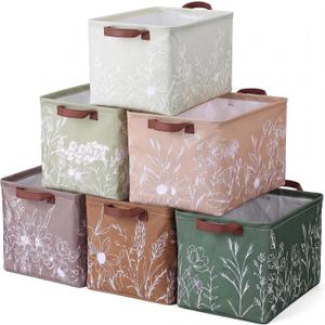 Fourluoo 6 Pack Floral Storage Basket with Handles Clothes Storage Basket Bin Foldable Box Bins Organizer for Closet Shelf Nursery Kid Room Book Toy Chest(6,Flower Line Drawing)