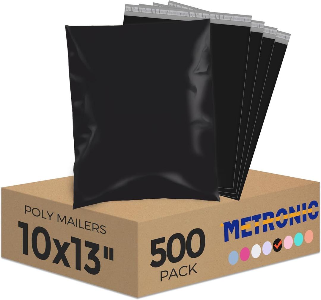 Metronic Poly Mailers 10x13 500Pcs,Strong Adhensive Shipping Bags for Clothing,Waterproof Poly Mailer Bags for Shipping, Flexible Shipping Envelopes for Small Business, Mailing Packages Bags Black