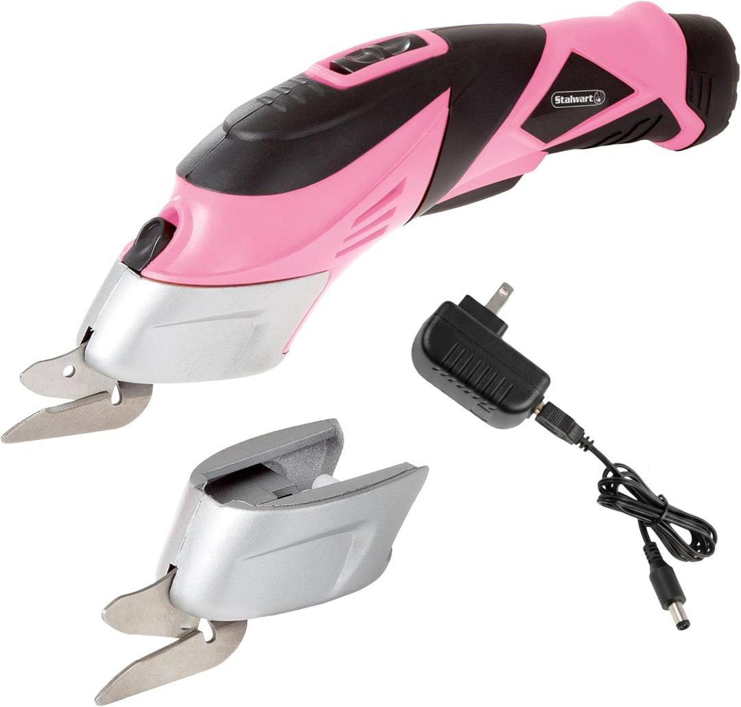 Cordless Electric Scissors with Two Blades – Fabric, Leather, Carpet, Cardboard and Box Cutter – 3.6V Lithium-Ion Rechargeable Battery by Stalwart (Pink)