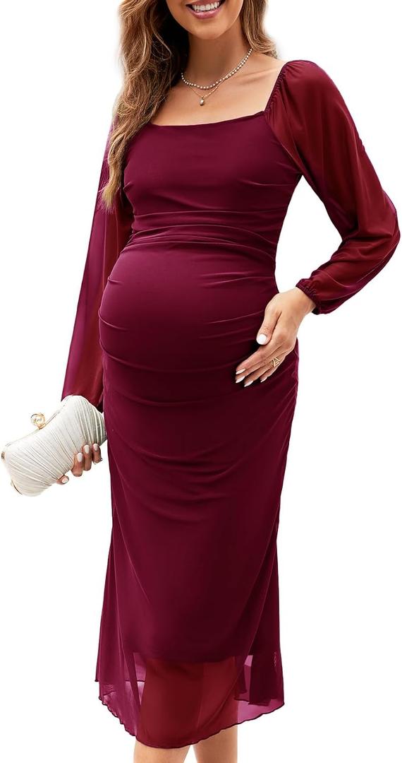 AISWI Mesh Ruched Maternity Dress Baby Shower Wedding Guest Pregnancy Shoot Fall Long Short Sleeves Square Neck (Red, XL)