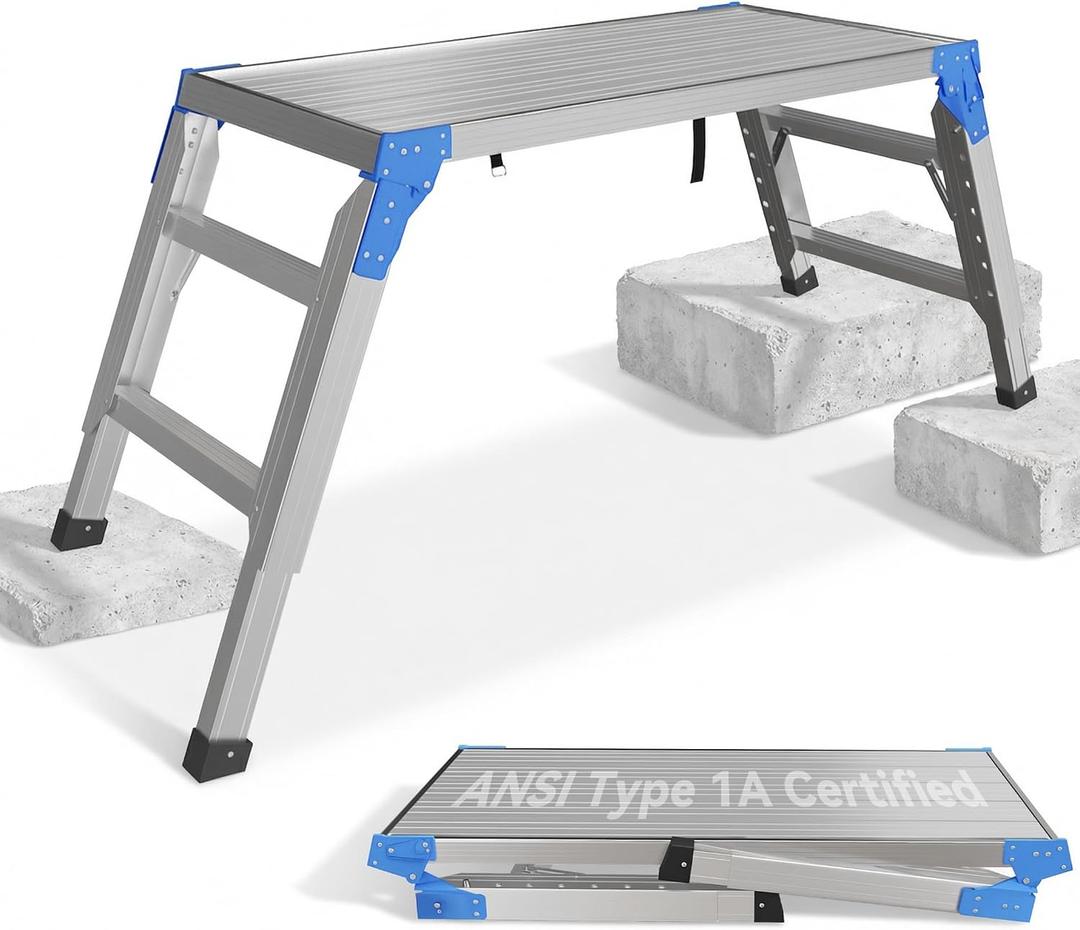 Aparecium Work Platform Height Adjustable, Portable Step Stool Ladder, Folding Aluminum Step Ladder, Type 1A, Heavy Duty 330 Lbs Rated, for Washing Vehicles, Cleaning Windows, DIY, Maintenance Work