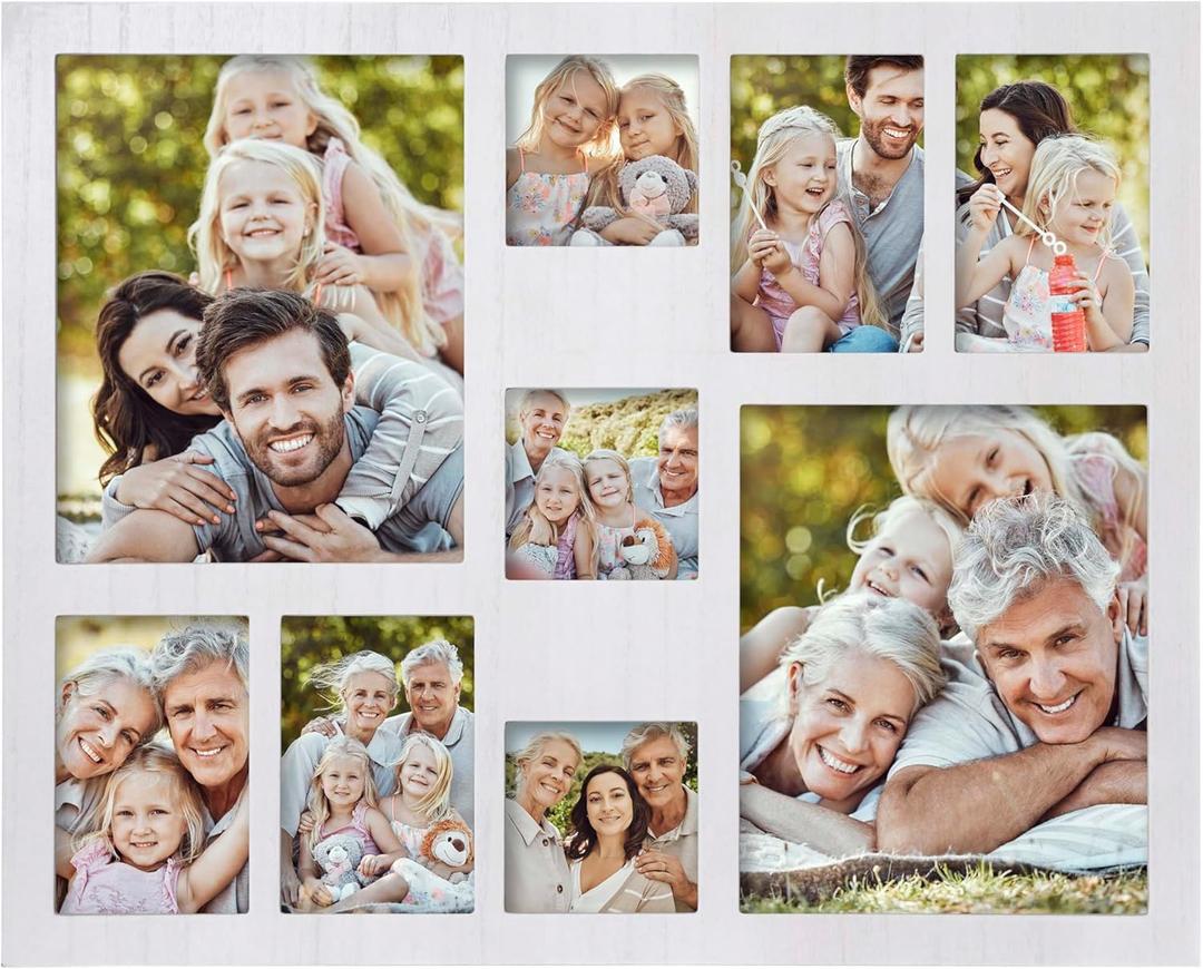 Collage Picture Frame 4x6 8x10 and 4x4 Photos -Large Size 9 Openings White Picture Frame Wall Decor for Wall Mounting Vertically or Horizontally- Home and Family Display 4x6 8x10 and 4x4