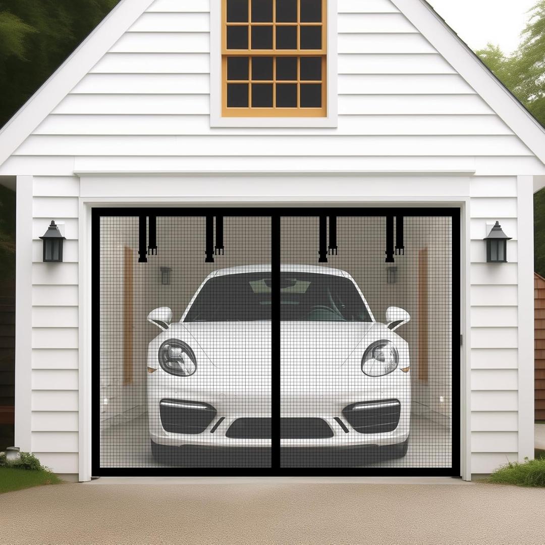 Magnetic Garage Door Screen for 1 Car 9x7 ft Single Garage Door Mesh Screen Curtain Cover Kit with Hook and Loop, Black (GSD-0009-07)