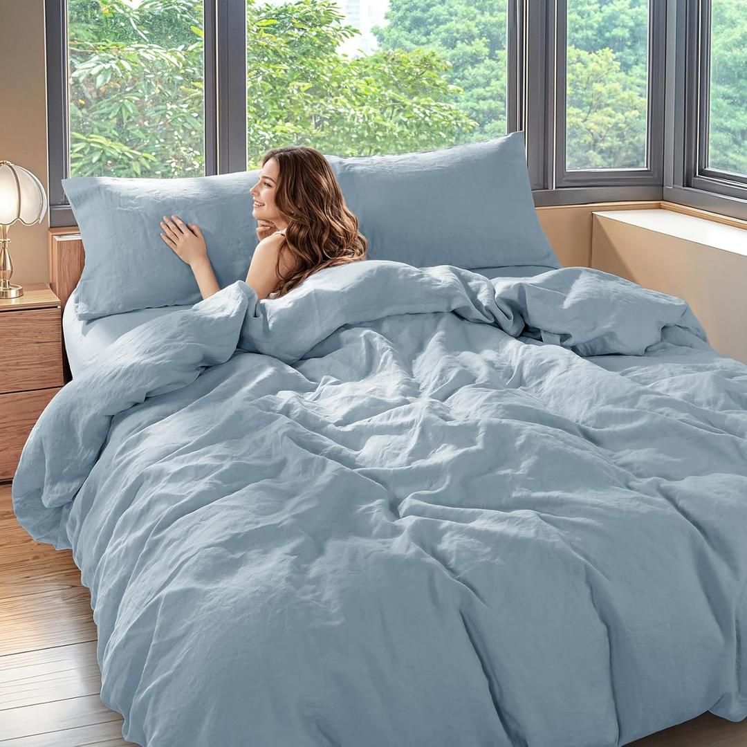 Shilucheng 100% Linen Queen Duvet Cover Set, Luxury Pure Natural French Flax Linen Duvet Cover with Zipper Closure & Corner Ties, Cooling Breathable Comforter Cover 3 Piece (Dusty Blue)