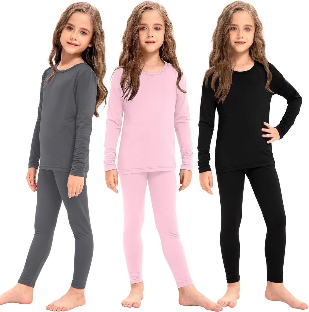 Silkfly 3 Set Girls Thermal Underwear Soft Winter Thermal Top and Bottom with Fleece Lined Base Layer for Girls (X-Small, Black, Gray, Pink)