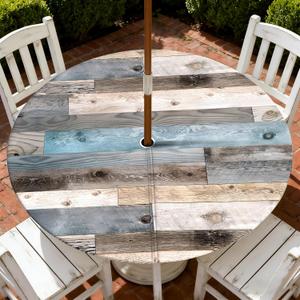 Outdoor Tablecloth with Umbrella Hole and Zipper, Round Fitted Patio Table Covers for Spring/Summer, Machine Washable Outdoor Picnic Table Cloth (Wooden, 45-52" Round)