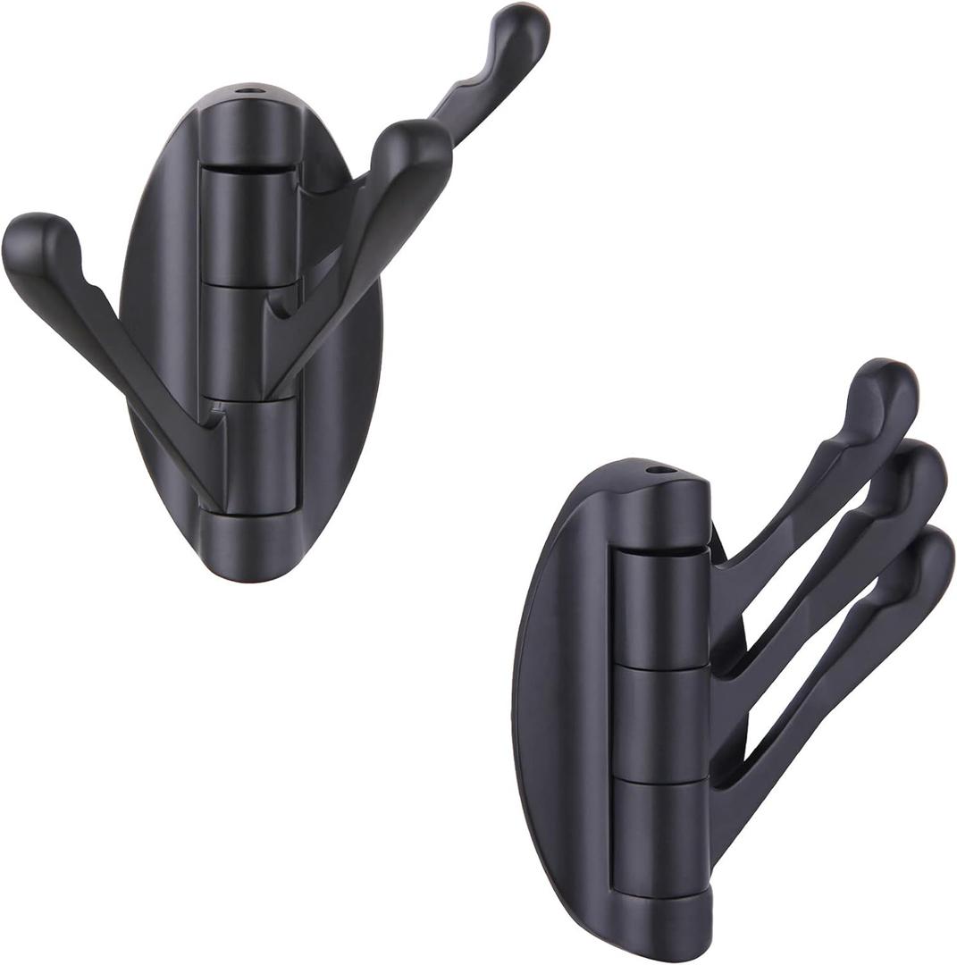 Angle Simple Towel Hook Matte Black 2 PCS, Metal Swivel Folding Robe Hook, Hand Towel Holder, Heavy Duty Clothes Hanger for Bathroom RV Wall Mount