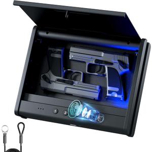 PINEWORLD Biometric Gun Safe for Handgun, Pistol Safe with Fingerprint Backlit Keypad, Quick Access Handgun Safe, Firearm Lock Box with Interior Light for Home,Nightstand, Car, Steel Cable Included