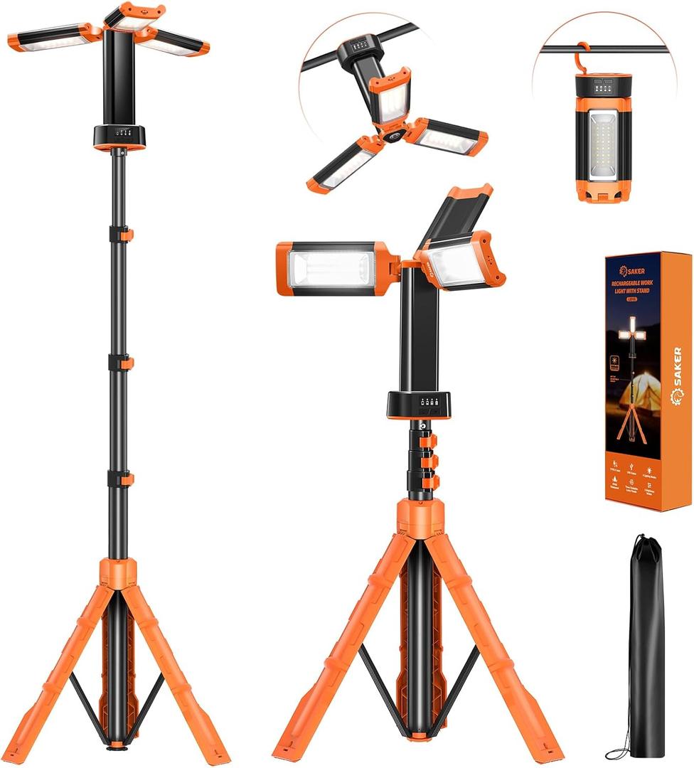 Saker Portable Camping Light with Stand 73inch 20000mAh Rechargeable LED Work Lights 800/3200 Lumen 4000/6500K Emergency Lights for Camping, Garage, Outdoor Work, Power Outages, Fishing LD18