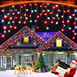 XURISEN 66ft Christmas Lights Decorations Outdoor, 640 LED 8 Modes Curtain Fairy Lights with 120 Drops,Plug in Waterproof Timer Memory Function for Christmas Holiday Wedding Party Decor(Red+White)