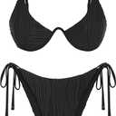 ZAFUL Women's Bikini Sets Ribbed Two Piece Swimsuits Underwire Adjustable Back Clasp Bathing Suit Side Tie Thong Swimwear  Black L