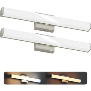 24 Inch Bathroom Vanity Light Fixtures with Night Light: Long Square Wall Mounted LED Lighting Bar over mirror with 5CCT & 2200K Color Changing, 120V, 1230-1350lm, ETL, Brushed Nickel, 2-Pack