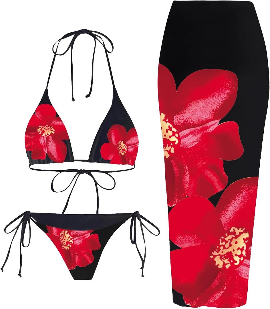 ZAFUL Womens 3pcs Swimsuit Floral Halter Triangle Bikini Top Tie Side Bottom with Long Sheer Cover Up Skirt, Small