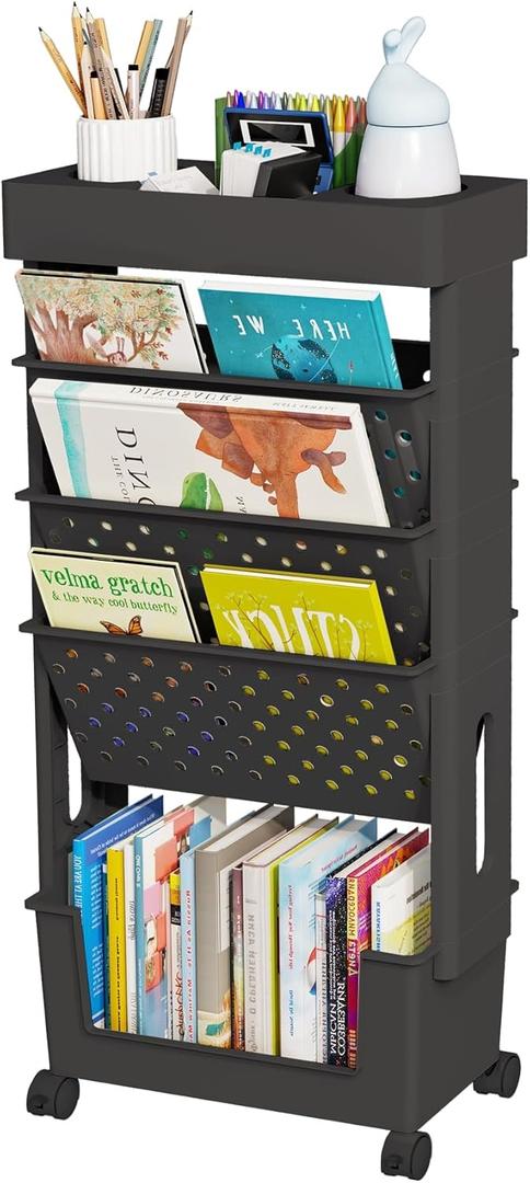 5-Tier Mobile Bookshelf, Rolling Bookcase Book Storage Rack, Movable File Folder Organizer Cart with Wheels for Home Study Office Living Room Classroom, Black