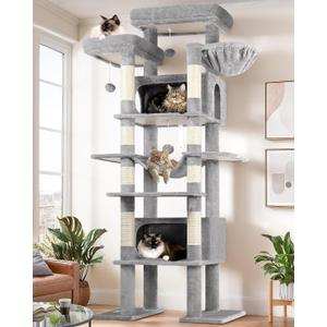 Globlazer XXL Giant Cat Tree, 83 Inch Heavy Duty Tall Cat Tower for Indoor Cats Large Adult, Multi-Level Large Cat Condo with 8 Scratching Posts, Hammock, 2 Cat Caves, 2 Platform, F83B, Light Grey