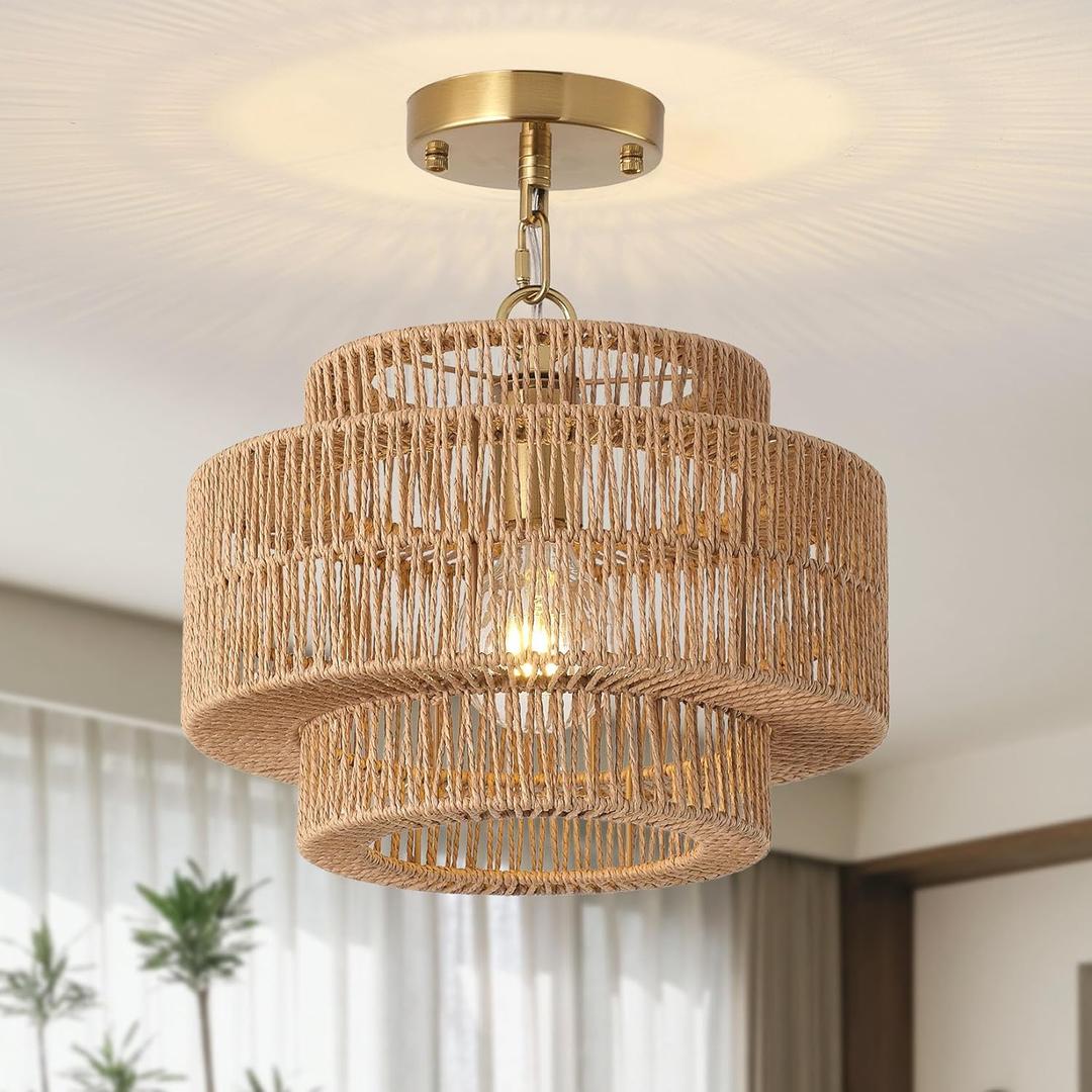12.4" Large Boho Rattan Farmhouse Chandeliers for Dining Room, Rattan Hand-Woven Rustic Drum Chandelier Pendant Light Fixture for Kitchen Island Bedroom Living Room Entryway Foyer (Brown)