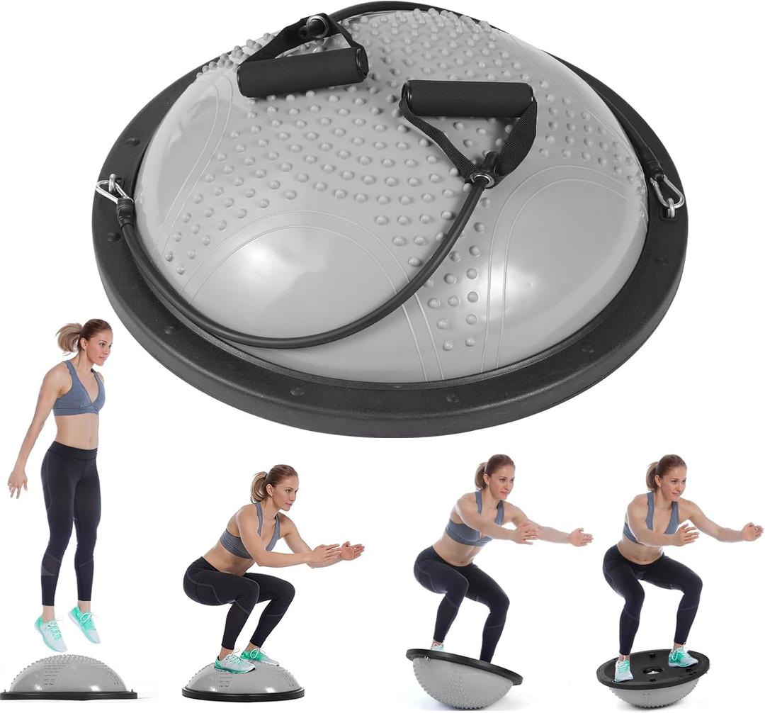 23" Gray Half Balance Ball with Foot Pump & Resistance Bands Trigger Point Bumps 400LBS Capacity Balance Ball Half Trainer for Home Gym Yoga Pilates Physical Therapy