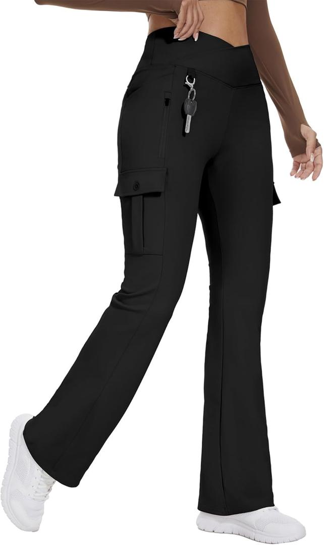 Flare Leggings for Women Yoga Crossover High Waist Pants with Tummy Control Workout Cargo with 5 Pockets Bootcut Leggings (X-Large, Black)