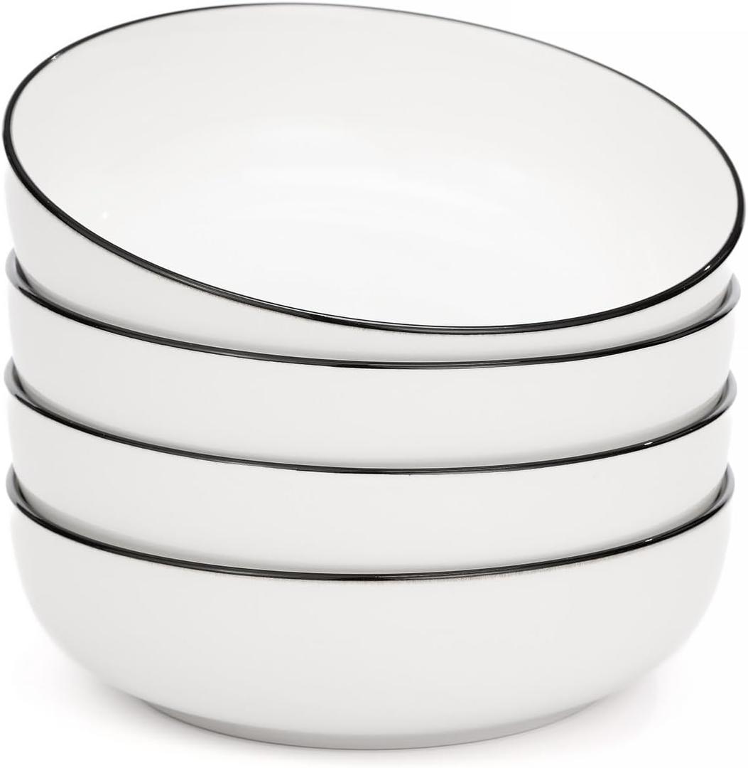 OTAGO 8" Stoneware Salad and Pasta Bowls Set of 4, Porcelain Ceramic Bowls with Black Rim, Microwave & Dishwasher Safe Tableware for Kitchen, Dinner & Dining