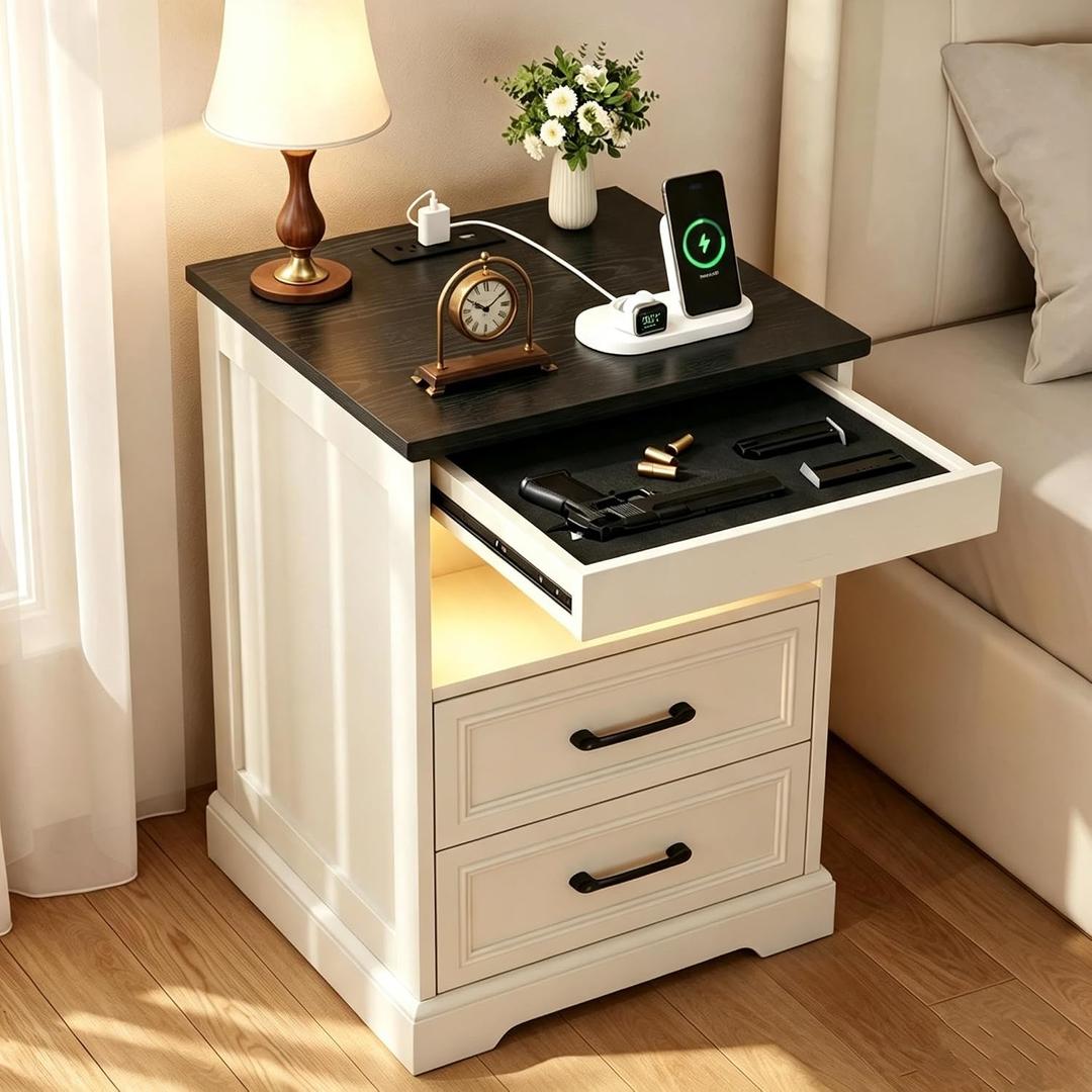 Yusong Farmhouse Night Stand with Gun Drawer & Invisible Lock, 25" Tall LED Bedside Table with Charging Station, End Table with Open Shelf for Bedroom Room (White-Black), 
Product Dimensions	18.1"D x 18.1"W x 25"H