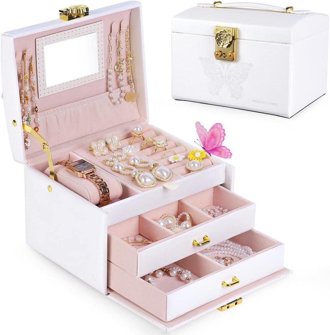 Pretty Comy Jewelry Box for Girls & Women, 3-Layer PU Leather Jewelry Organizer with Mirror, Travel Jewelry Case for Earrings, Rings, Necklaces, Christmas Birthday Gift for Girl & Women