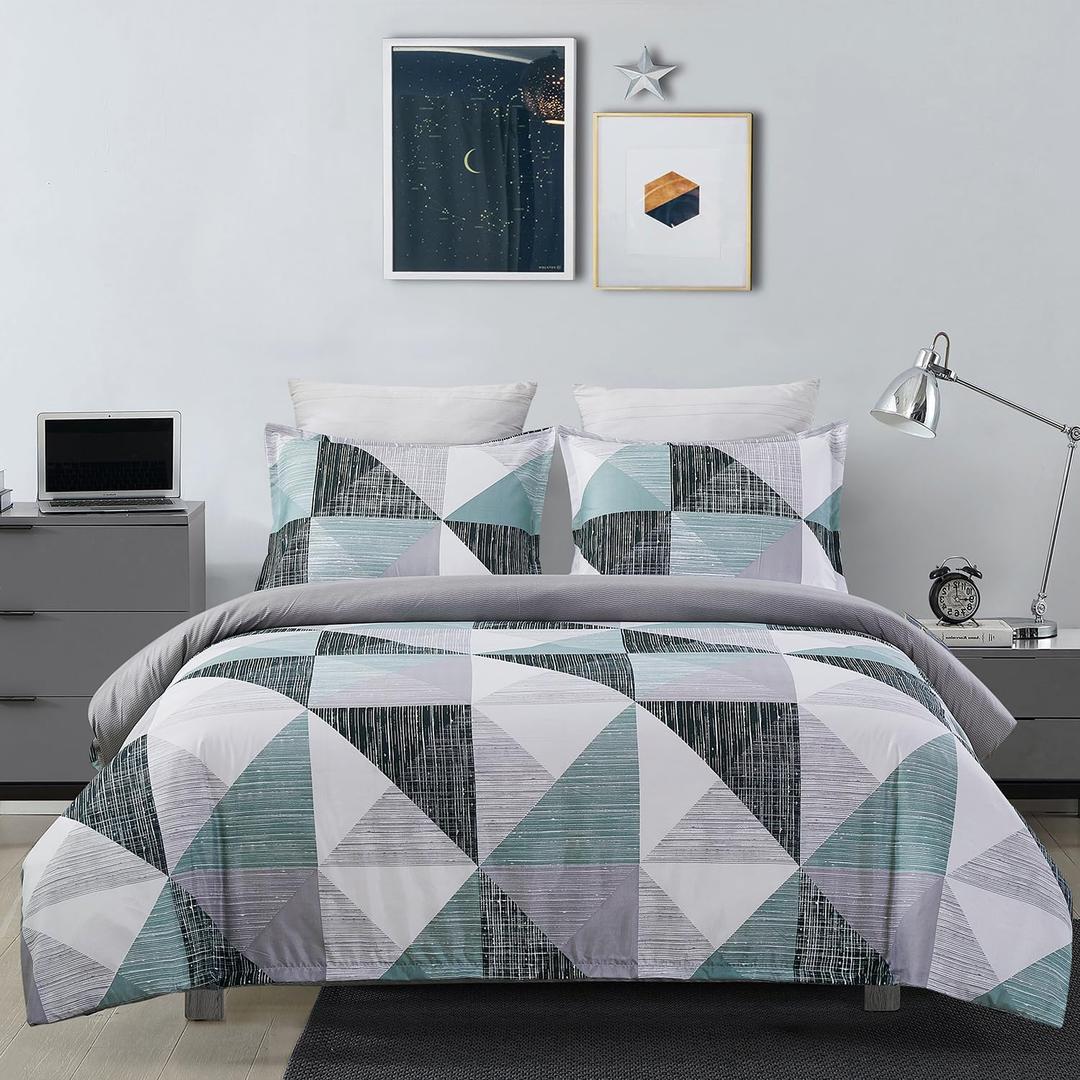 Vaulia Duvet Cover Queen, Soft Lightweight Microfiber Green Modern Geometric Print Pattern Design, 3-Piece Set with 1 Duvet Cover 2 Pillow Shams