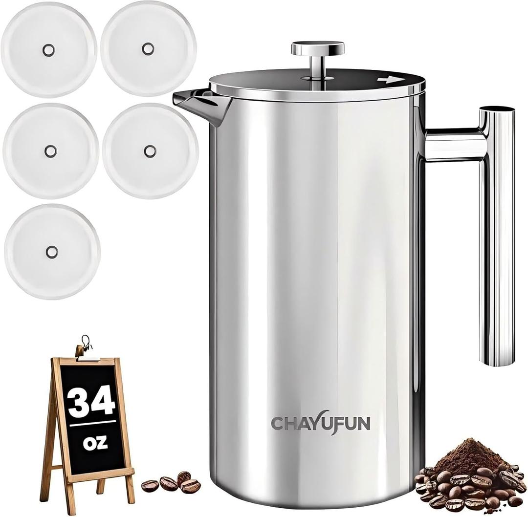 Premium Stainless Steel French Press Coffee Maker (5 Pack Filter)- 34oz/1L Thermal Insulated, 304 Rust-Proof Metal Press - Heat-Resistant Ergonomic Handle BPA Free(Dishwasher Safe)