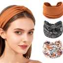 XEF Headbands for Women Bohemian Wide Floral Thick Hair Band No Slip Gym Elastic Twist Knot Athletic Headband Sweatbands Fashion Hair Accessories for Teen Girls (Black&Yellow&Brown)