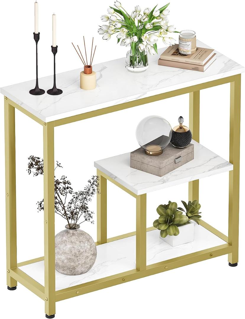 CHOEZON Modern Console Sofa Table 3-Tier Hallway Table Open Storage, Marble Veined Table Top, Metal Frame, for Entryway, Foyer, Marble White and Gold TXG03DJ, 31.5"L x 11.8"W x 30.5"H