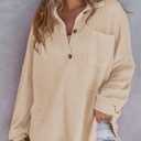 DERAX Women's Oversized Waffle Knit Tops Henley Shirts Long Sleeve V Neck Loose Fit 2026 Spring Tunic Blouse Apricot XL (Beige, XL)