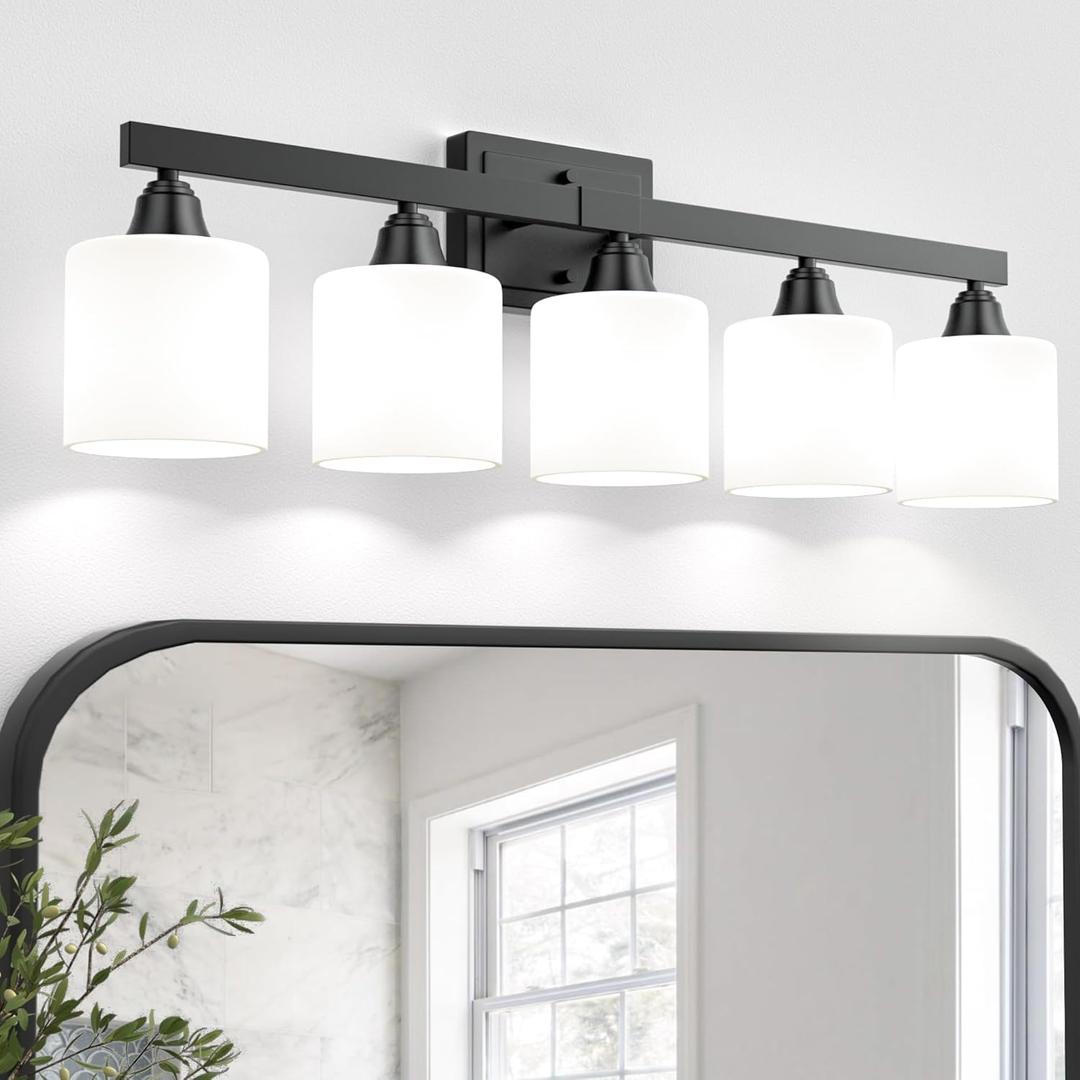 VOLISUN Matte Black Bathroom Light Fixtures, 5-Light Bathroom Vanity Lights Over Mirror, Modern Vanity Light for Bathrooms, Bathrooms Lights Fixtures Over Mirror with Milky White Frosted Glass Shades