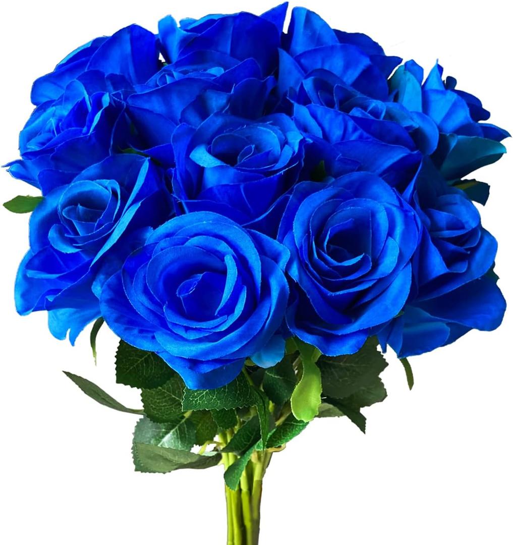 12 PCS Rose Artificial Silk Flowers, Fake Roses with Long Stems Realistic Faux Rose Flower Bouquets for Home Wedding Decoration Party-Sapphire Blue