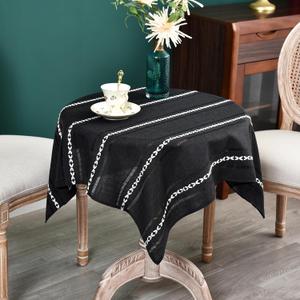 NEWISHER Rustic Farmhouse Embroidered Square Tablecloth Jacquard Striped Table Cloth Linen Texture Washable Dining Table Cover Kitchen Dining Home Decoration Black 36x36 inch