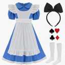 Halloween Costume for Girls, Bule White Callar Dress, White Apron and Black Headband, Set(130)