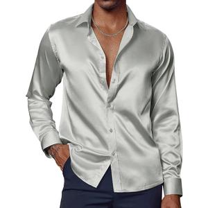 PJ PAUL JONES Men's Shiny Satin Dress Shirts Long Sleeve Button Down Silk Shirt with Bow Tie, M