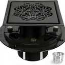6 Inch Shower Drain, Square Shower Floor Drain Kit with Flange and Removable Cover Grate, AISI 304 Stainless Steel, Matte Black