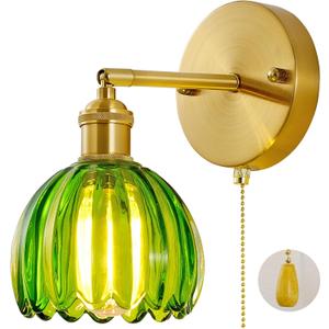 Vintage Wall Sconce 1 Pack, Green Glass Shade Gold Wall Lamp with 12 Inch Cable Switch, Modern Bathroom Wall Sconces for Bedroom Corner Hallway