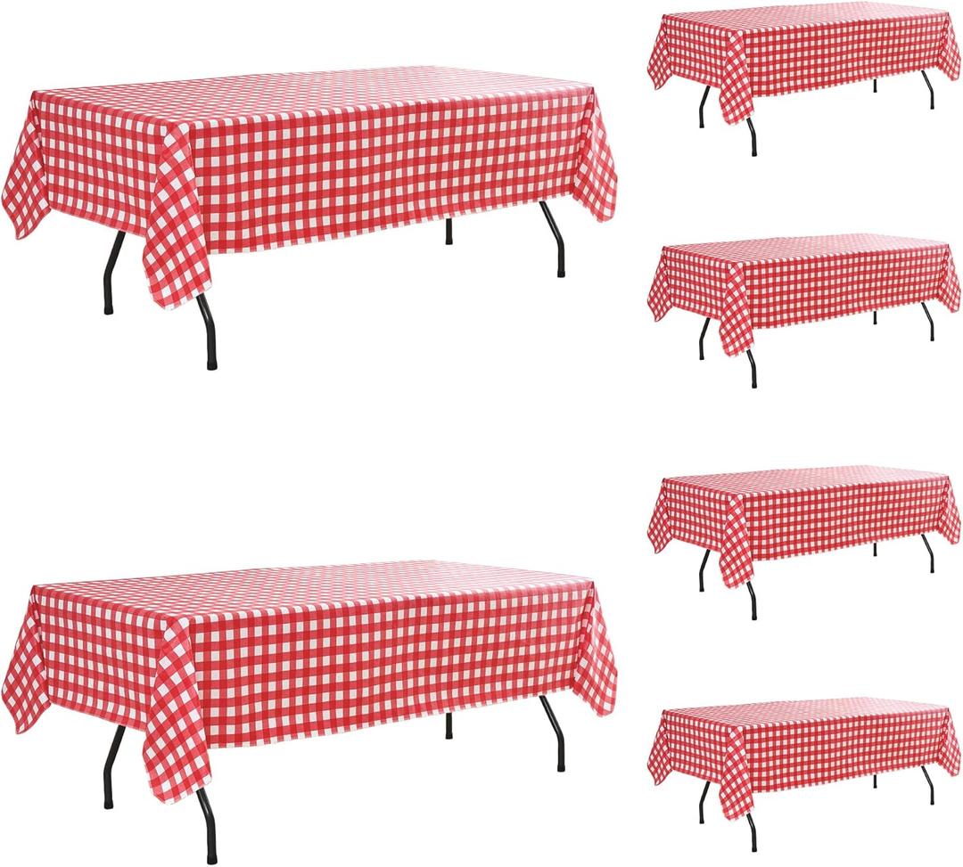 Vinyl Table Cloth with Flannel Backing-6 Pack Red & White 60x84 Inch Waterproof Checkered Plaid Plastic Rectangle Tablecloth-Wipeable Oilcloth Dining Table Cover for Picnic Party Camping